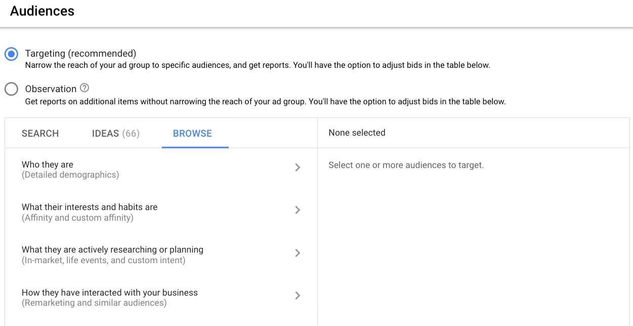 Google Ads gives you an audience targeting abilities, with options for demographics, interests/habits, activity, and remarketing.