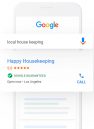 this illustration of a mobile search for "local house keeping" shows how google will return a local services ad for a housekeeping company that includes a star rating, hours, location, and link to call