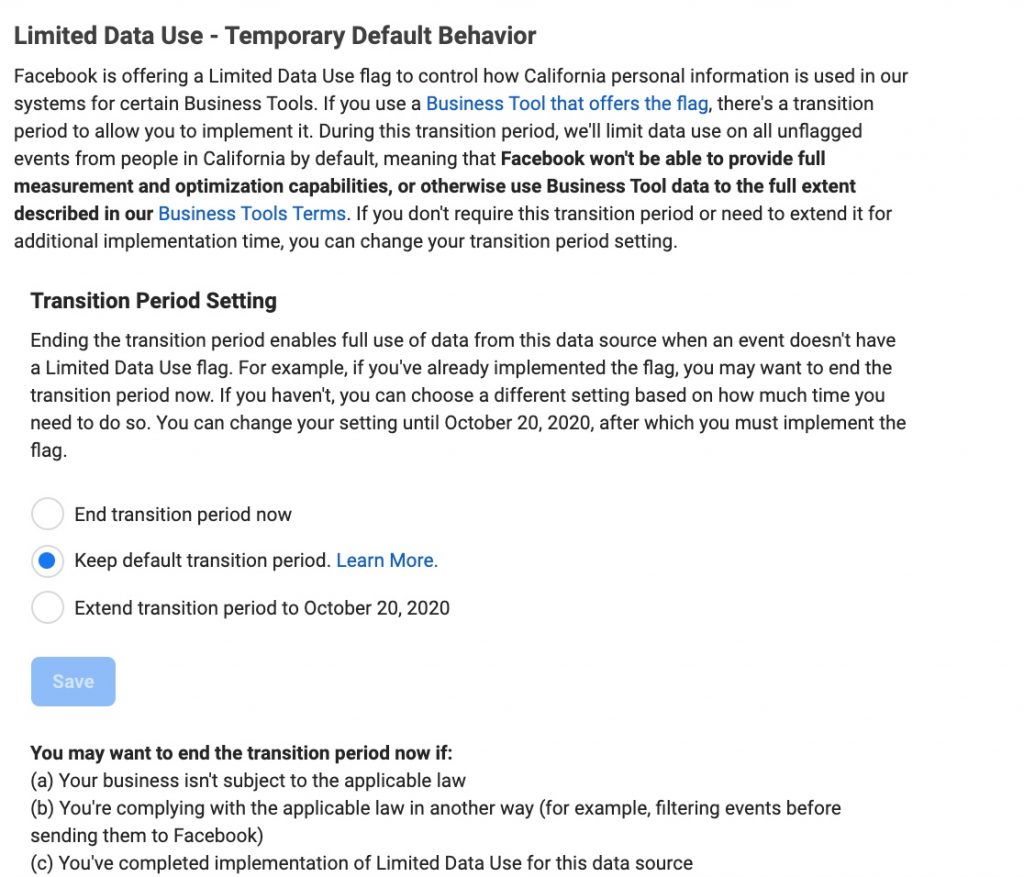 Facebook's LDU transition period setting offers three options: end transition period now, keep default transition period (July 31), or extend transition period to October 20, 2020.