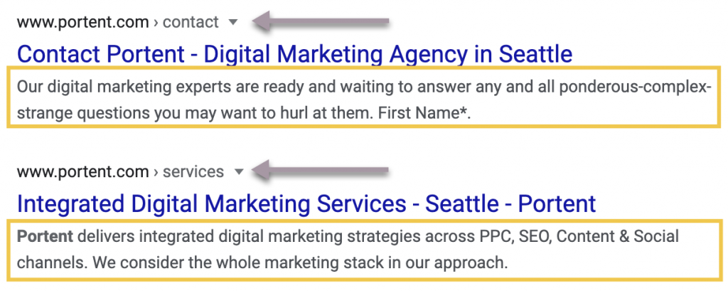 The contact page description reads: "Our digital marketing experts are ready and waiting to answer any and all ponderous-complex-strange questions you may want to hurl at them." The services page description reads: "Portent delivers integrated digital marketing strategies across PPC, SEO, Content & Social channels. We consider the whole marketing stack in our approach."