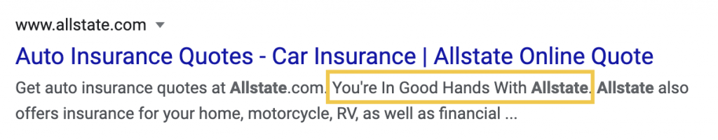 Allstate's meta description features their slogan "You're In Good Hands With Allstate."