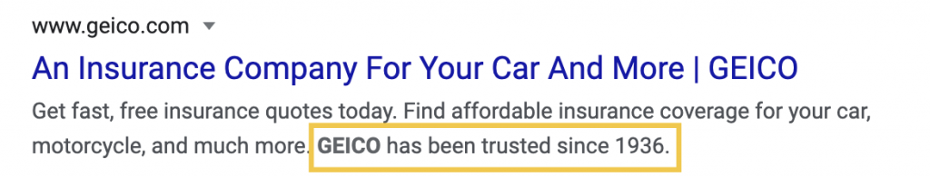 GEICO's meta description includes the statement "GEICO has been trusted since 1936."