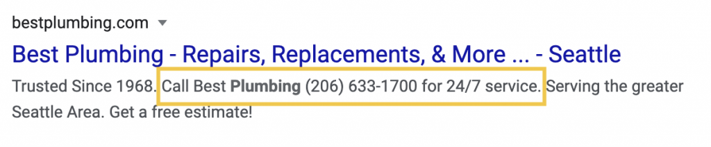 Best Plumbing's meta description reads: "Trusted since 1968. Call Best Plumbing (206) 633-1700 for 24/7 service. Serving the greater Seattle Area. Get a free estimate!"