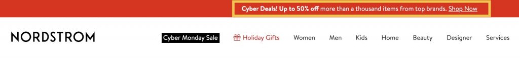 Nordstrom features an alert banner for their online shopping deal that reads "Cyber Deals! Up to 50% off more than a thousand items from top brands" with a link to Shop Now.