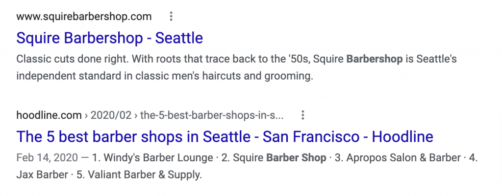 SERP shows a list of the 5 best barber shops in Seattle as a competing link.