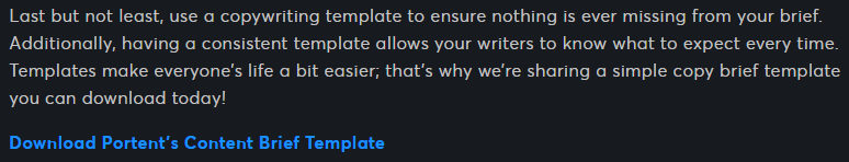 The bold blue link that says "Download Portent's Content Brief Template" makes it easy to find on the page.