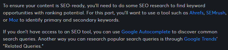 For example, if you're talking about tools or resources, link to them using the name of the product or brand as the anchor text.