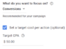 Example of settings filled in for Google Smart Bidding to maximize conversions with "set a target cost per action" checked off and a target CPA of $50.00