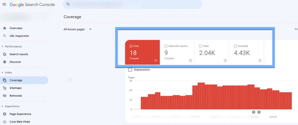 Screenshot of what the Index Coverage report from Google Search Console looks like.