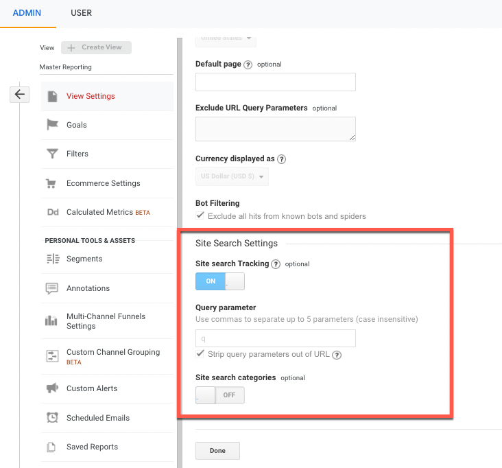 Screenshot of the Site Search settings in Google Analytics where you can turn on site search tracking.