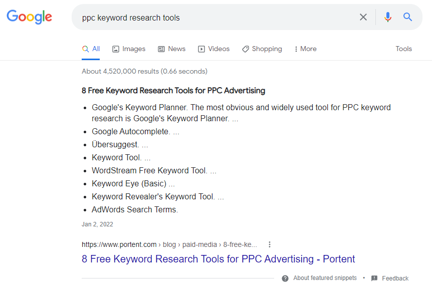 A screenshot of a featured snippet one of the updated blog posts got on Google for "ppc keyword research tools".