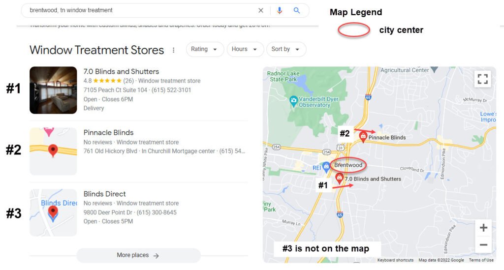 Screenshot of a SERP for the term brentwood, tn window treatment showing a map with the first, second, and third results highlighted