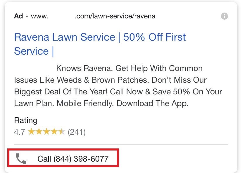 A screenshot of an ad with the call extension highlighted