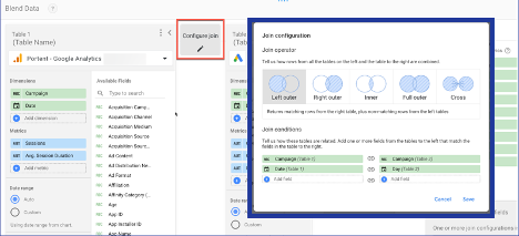A screenshot of Looker Studio with the Configure Join button indicated