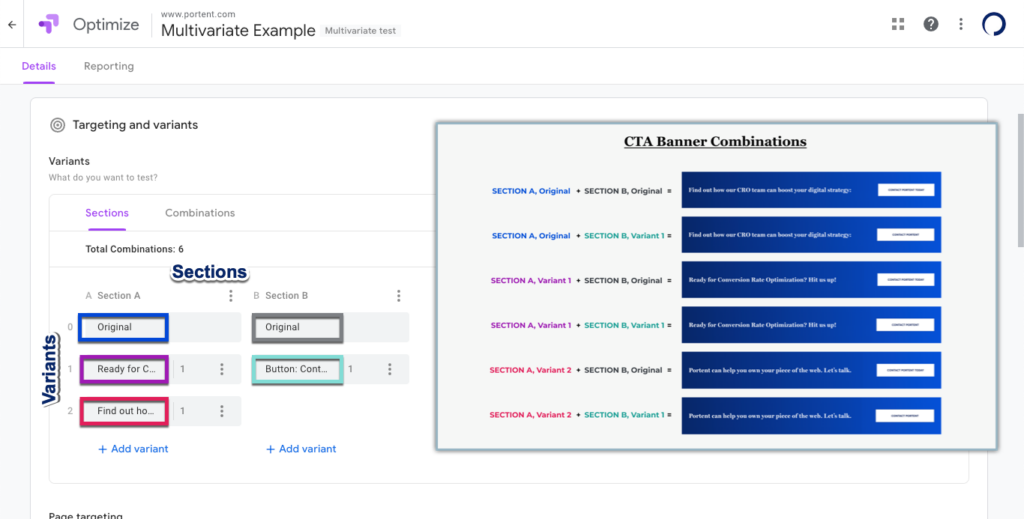 Image is of an example of a multivariate test using two sections of a CTA banner with three variations of the copy and two variations of the button.