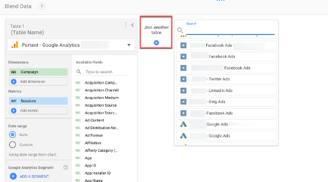 A screenshot of a table in Looker Studio with the Join Another Table button indicated