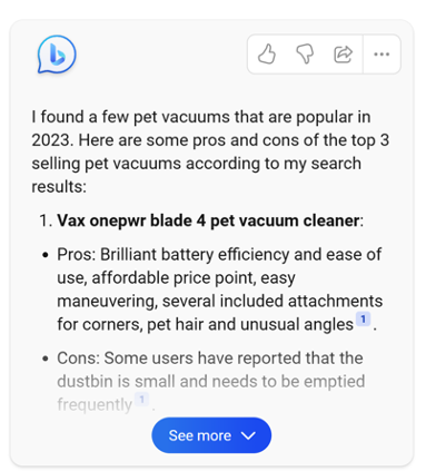 Screenshot of an AI-powered SERP from Bing