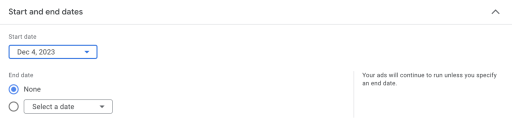 Google Ads Campaign Settings: Start and end dates