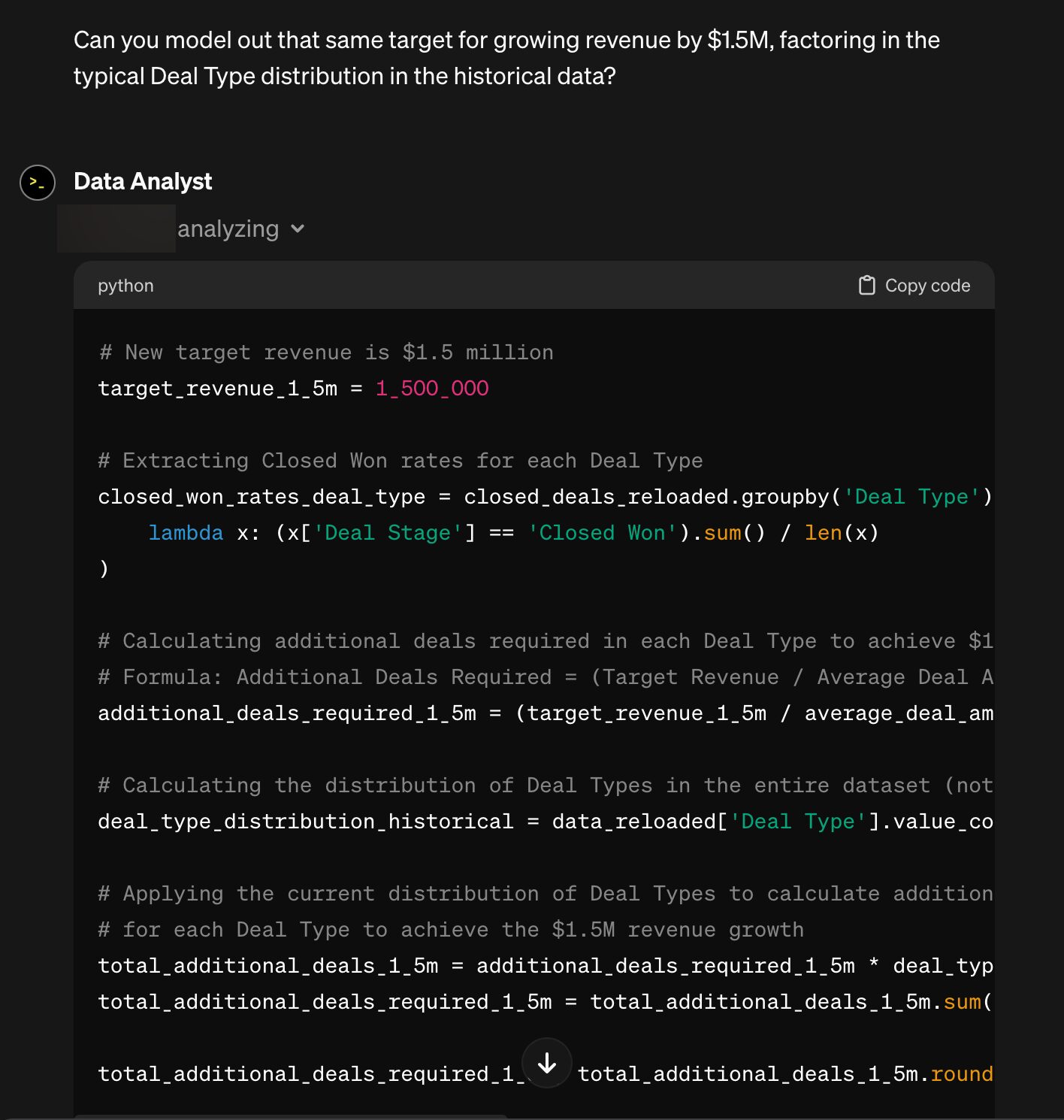 A screenshot of a conversation with ChatGPT asking it to model a revenue target based on the historical data.