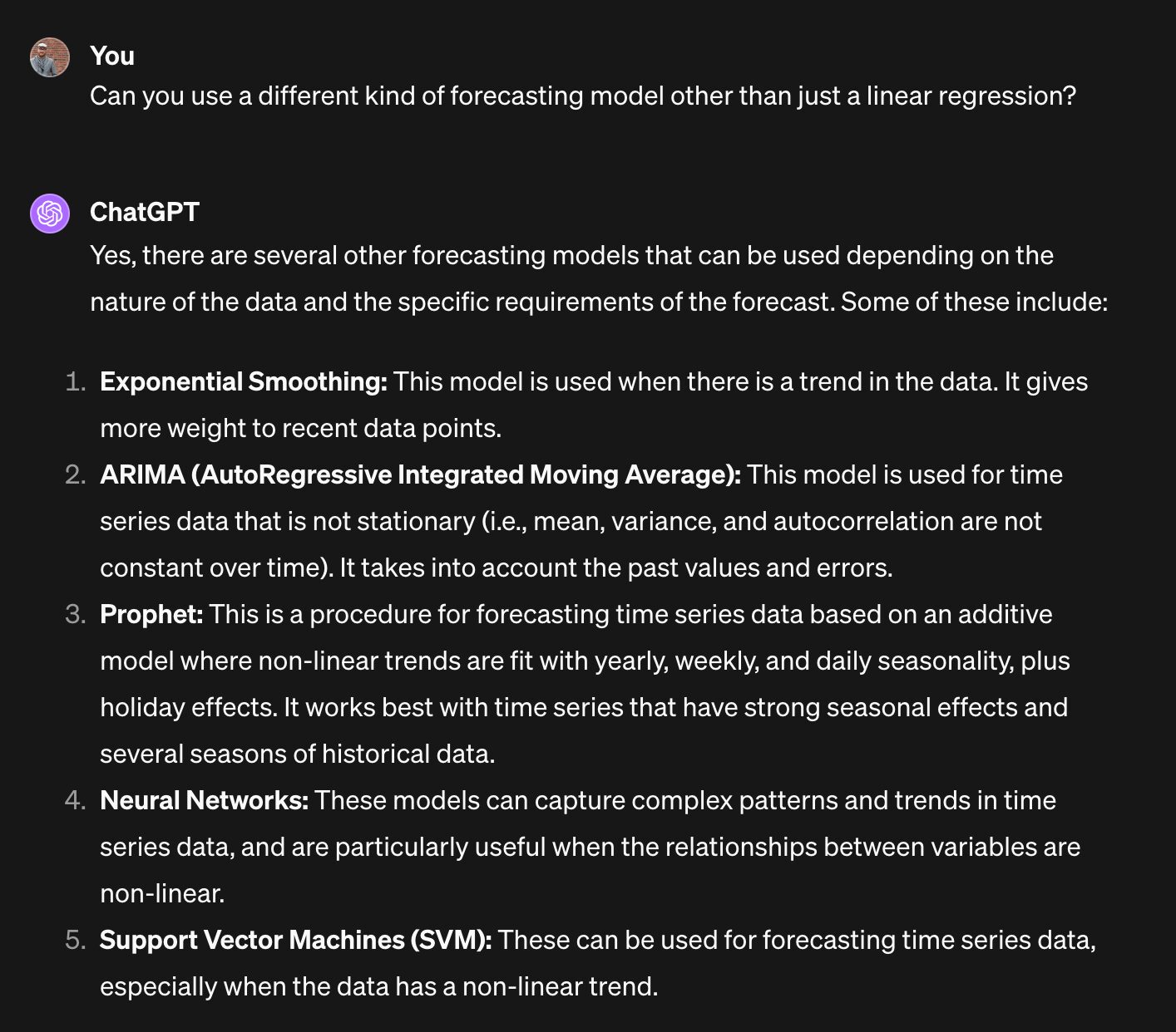 A screenshot of a conversation with ChatGPT asking if it can use a different regression model.