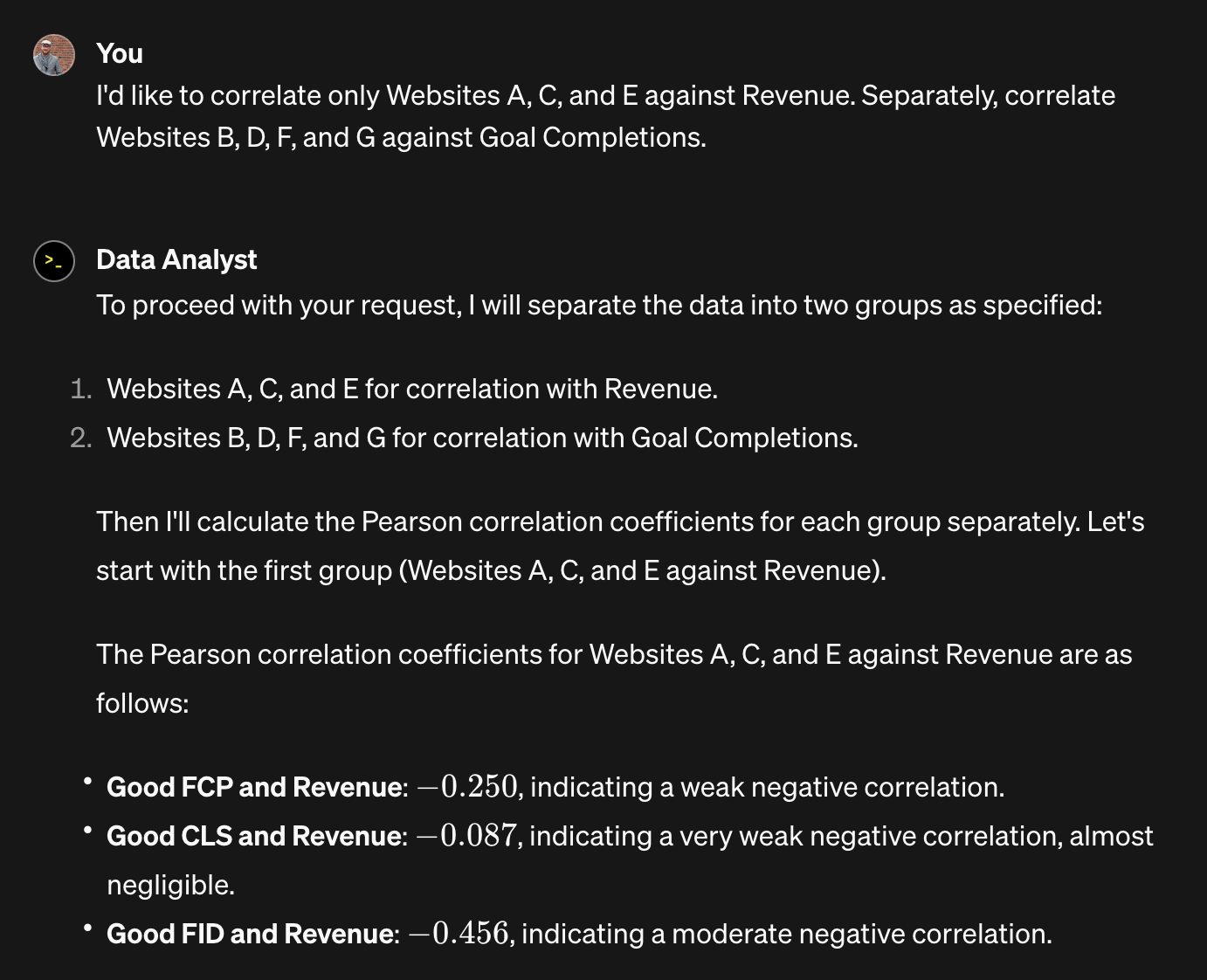 A screenshot of a conversation with ChatGPT asking it to calculate correlation coefficients.